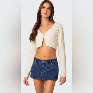 Edikted Noelle Ivory Cable Knit Cropped Cardigan